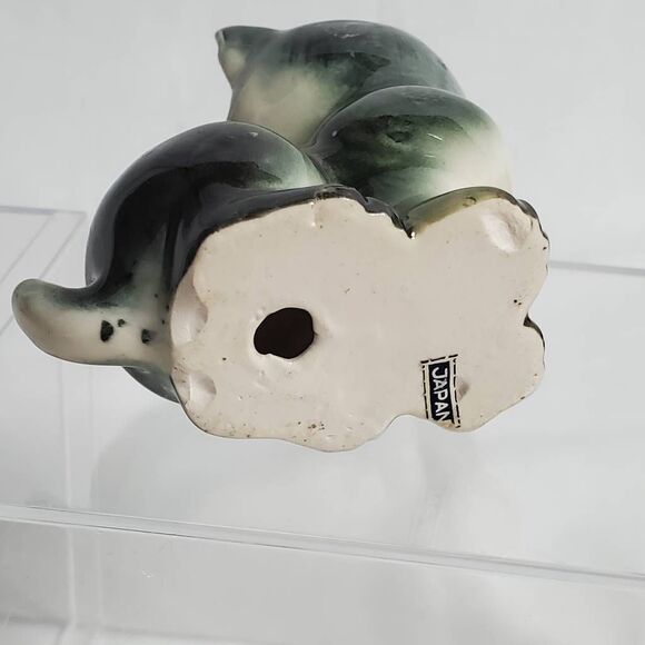 Vintage Japan Ceramic Cat Figurine 4.5" Green Black - Picture 3 of 5